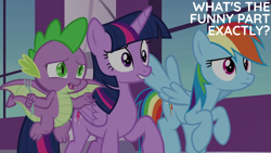 Size: 1920x1080 | Tagged: safe, edit, edited screencap, editor:quoterific, screencap, rainbow dash, spike, twilight sparkle, alicorn, dragon, pegasus, pony, between dark and dawn, season 9, spoiler:s09, female, flying, fork, lip bite, male, mare, open mouth, spread wings, text, trio, twilight sparkle (alicorn), winged spike, wings