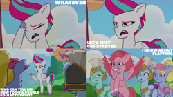 Size: 4400x2475 | Tagged: safe, edit, edited screencap, editor:quoterific, screencap, fifi (g5), thunder flap, windy, zipp storm, zoom zephyrwing, pegasus, pony, g5, my little pony: tell your tale, zipp's flight school, spoiler:g5, spoiler:my little pony: tell your tale, spoiler:tyts01e02, :o, eyes closed, female, flying, grin, guardsmare, male, mare, open mouth, pegasus royal guard, royal guard, smiling, spread wings, stallion, text, wings