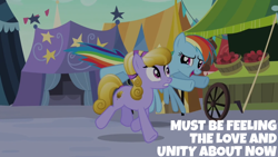 Size: 1920x1080 | Tagged: safe, edit, edited screencap, editor:quoterific, screencap, amber waves, rainbow dash, earth pony, pegasus, pony, g4, season 3, the crystal empire, duo, female, flying, mare, open mouth, open smile, smiling, spread wings, text, wings