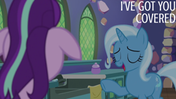 Size: 1920x1080 | Tagged: safe, edit, edited screencap, editor:quoterific, screencap, starlight glimmer, trixie, pony, unicorn, all bottled up, g4, season 7, duo, eyes closed, female, floppy ears, mare, open mouth, open smile, smiling, text, twilight's castle