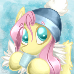 Size: 1280x1280 | Tagged: safe, artist:battybytes, fluttershy, pegasus, pony, g4, bust, clothes, cute, female, hat, hoof hold, looking at you, mare, mug, shyabetes, solo, stray strand, wings, winter hat, winter outfit