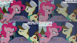 Size: 4400x2475 | Tagged: safe, edit, edited screencap, editor:quoterific, screencap, pinkie pie, roma, earth pony, pony, g4, putting your hoof down, season 2, duo, female, floppy ears, mare, open mouth, text