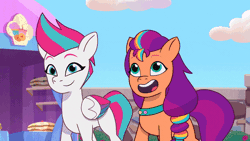 Size: 600x338 | Tagged: safe, screencap, sunny starscout, zipp storm, earth pony, pegasus, pony, g5, maretime bay day 2.0, my little pony: tell your tale, spoiler:g5, spoiler:my little pony: tell your tale, spoiler:tyts01e11, animated, believe it, cheering, cute, dancing, eyes closed, female, gif, looking at each other, looking at someone, mane stripe sunny, mare, open mouth, open smile, reprise, smiling, sunnybetes, youtube link