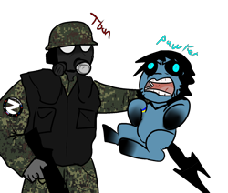 Size: 1506x1280 | Tagged: safe, artist:pawker, oc, oc:pawker, oc:твой друг, earth pony, human, pony, 3d, angry, blue pony, cyrillic, gas mask, gmod, mask, reeee, russa, russian, simple background, soldier, swamp cinema, transparent background, ukraine
