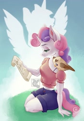 Size: 2858x4096 | Tagged: safe, artist:mishi_ovo, owlowiscious, sweetie belle, unicorn, anthro, g4, 2021, clothes, implied princess twilight, implied twilight sparkle, old art, older, older sweetie belle, scroll, shorts, solo focus, wasp waist