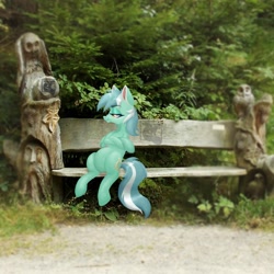 Size: 3500x3500 | Tagged: safe, artist:mishi_ovo, lyra heartstrings, pony, unicorn, g4, bench, crossed hooves, high res, irl, meme, photo, ponies in real life, real life background, sitting, sitting lyra, solo