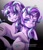 Size: 768x902 | Tagged: safe, artist:sitinurjaini5, starlight glimmer, pony, unicorn, g4, blushing, duality, duo, duo female, equal cutie mark, evil smile, eyebrows, eyebrows visible through hair, female, frown, gradient background, grin, looking at each other, looking at someone, mare, s5 starlight, self paradox, self ponidox, signature, smiling