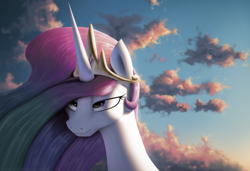 Size: 3330x2272 | Tagged: safe, artist:suhar, princess celestia, alicorn, pony, princess molestia, g4, bust, cloud, crown, female, frown, glare, grumpy, high res, horn, jewelry, mare, multicolored mane, regalia, sky, solo