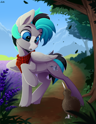 Size: 3500x4500 | Tagged: safe, artist:rainbowfire, oc, oc only, oc:andromeda, bird, kiwi, pegasus, pony, bandage, blue eyes, clothes, cute, day, detailed, detailed background, f-15 eagle, flower, forest, forest background, grass, grass field, handkerchief, jet, jet fighter, jet plane, jewelry, looking at you, male, mountain, open mouth, path, raised hoof, sky, solo, stallion, sunlight, wings