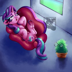 Size: 2048x2048 | Tagged: safe, artist:mishi_ovo, phyllis, starlight glimmer, pony, unicorn, g4, butt, couch, floppy ears, glasses, glimmer glutes, high res, lying down, on back, plot, potted plant, talking