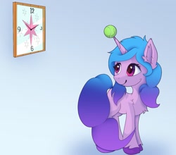 Size: 1227x1080 | Tagged: safe, artist:wyvernthedragon, izzy moonbow, pony, unicorn, g5, abstract background, ball, clock, female, horn, hornball, izzy's tennis ball, looking at something, mare, solo, tennis ball