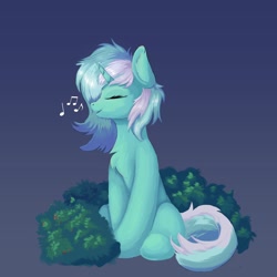 Size: 2048x2048 | Tagged: safe, artist:wyvernthedragon, lyra heartstrings, pony, unicorn, g4, bush, chest fluff, eyes closed, gradient background, high res, singing, sitting, solo