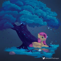 Size: 2048x2048 | Tagged: safe, artist:wyvernthedragon, fluttershy, pegasus, pony, g4, female, high res, leaves, mare, puddle, solo, tree, under the tree