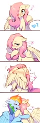 Size: 330x1024 | Tagged: safe, artist:swaybat, fluttershy, rainbow dash, pegasus, pony, adorable distress, blushing, comic, covering, cute, ear fluff, exclamation point, eyes closed, female, flutterdash, hair over one eye, heart, hug, lesbian, looking at you, mare, offscreen character, shipping, shy, shyabetes, simple background, speech bubble, white background, wing covering, wings