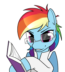 Size: 1700x1900 | Tagged: safe, artist:dacaoo, rainbow dash, pegasus, pony, semi-anthro, g4, arm hooves, book, clothes, egghead, egghead dash, female, glasses, looking at you, mare, simple background, smiling, solo, transparent background, upside down glasses