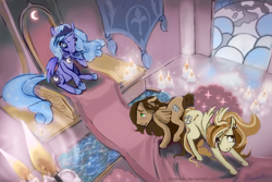 Size: 1440x960 | Tagged: safe, artist:hinoraito, princess luna, oc, alicorn, pegasus, pony, g4, butt bump, candle, canterlot throne room, s1 luna, throne room