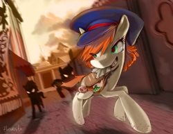 Size: 792x612 | Tagged: safe, artist:hinoraito, oc, oc only, pony, cap, chase, food, hat, running, sandwich