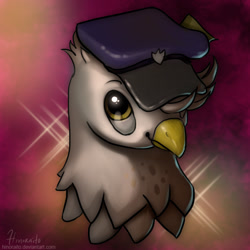 Size: 600x600 | Tagged: safe, artist:hinoraito, oc, oc only, griffon, bust, hat, mailmare hat, portrait, solo