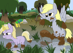 Size: 3000x2200 | Tagged: safe, artist:amateur-draw, derpy hooves, dinky hooves, pegasus, pony, unicorn, bipedal, female, filly, foal, mare, mother and child, mother and daughter, mud, mud play, muddy, playing, swamp, toy, watergun, wet and messy