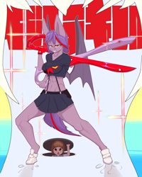 Size: 2800x3500 | Tagged: safe, artist:chapaevv, oc, oc:clair de lune, bat pony, anthro, bat wings, boots, clothes, commission, costume, crossover, female, kill la kill, looking at you, mako, multicolored hair, offscreen character, pov, scissors, shoes, wings