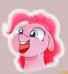 Size: 2388x2616 | Tagged: safe, artist:twiliset, pinkie pie, earth pony, pony, g4, happy, heart, heart eyes, high res, light, looking at you, open mouth, simple background, smiling, smiling at you, solo, wingding eyes