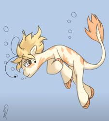 Size: 1280x1423 | Tagged: safe, artist:isuvyw, oc, oc only, earth pony, pony, blue background, brown eyes, brown mane, bubble, fins, flowing mane, flowing tail, koi pony, male, ocean, signature, simple background, smiling, solo, stallion, tail, underwater, water