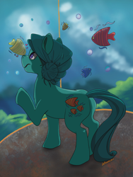 Size: 1000x1333 | Tagged: safe, artist:lelunae, angel (g1), earth pony, fish, pony, g1, g4, aquarium, bubble, colored pupils, female, g1 angelbetes, g1 to g4, generation leap, glass, lidded eyes, looking at each other, looking at someone, mare, ocean, seaweed, smiling, solo, underwater, water