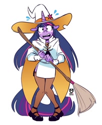 Size: 879x1081 | Tagged: safe, artist:redxbacon, twilight sparkle, anthro, g4, broom, clothes, flustered, hat, knees pressed together, miniskirt, side slit, simple background, skirt, solo, stockings, thigh highs, white background, witch, witch hat, zettai ryouiki