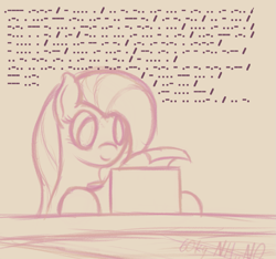 Size: 1117x1045 | Tagged: safe, artist:ahorseofcourse, fluttershy, pegasus, pony, g4, escii keyboard, female, mare, morse code, sketch, solo, translated in the comments, typewriter