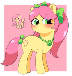 Size: 2632x2772 | Tagged: safe, artist:leo19969525, fluttershy, posey bloom, earth pony, pegasus, pony, g5, :3, adoraposey, aside glance, blushing, bow, chibi, cute, female, hair bow, high res, jewelry, looking at you, mare, necklace, ponytail, smiling, tail, tail bow
