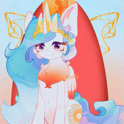 Size: 1133x1133 | Tagged: safe, artist:man;, princess celestia, alicorn, pony, g4, chest fluff, colored chest fluff, colored pinnae, crown, cute, cute face, ear fluff, female, fluffy, gradient background, jewelry, looking at you, mare, missing accessory, regalia, sitting, smiling, smiling at you, solo, wings
