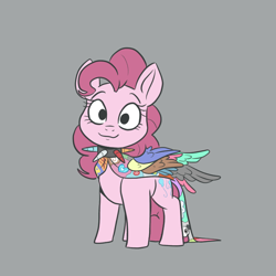 Size: 768x768 | Tagged: safe, artist:smirk, pinkie pie, earth pony, pony, fanfic:cupcakes, g4, clothes, collar, creepypasta, cute, cutie mark dress, dress, full body, gray background, horn, horns, implied death, necklace, severed horn, simple background, solo, wings
