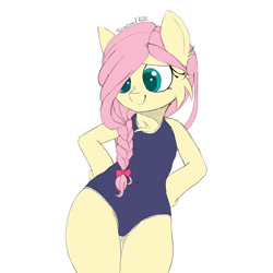 Size: 1080x1080 | Tagged: safe, artist:fajnyziomal, fluttershy, pegasus, semi-anthro, g4, alternate hairstyle, arm hooves, bipedal, braid, cheek fluff, chest fluff, clothes, commission, cute, ear fluff, female, mare, one-piece swimsuit, ponytail, shyabetes, solo, swimsuit, ych example, your character here