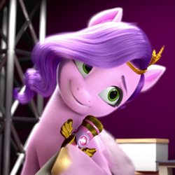 Size: 995x995 | Tagged: safe, screencap, pipp petals, pegasus, pony, g5, my little pony: make your mark, my little pony: make your mark chapter 1, spoiler:my little pony: make your mark, cropped, female, head tilt, mare, microphone, smiling, solo