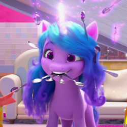 Size: 800x800 | Tagged: safe, screencap, izzy moonbow, pony, unicorn, g5, my little pony: make your mark, my little pony: make your mark chapter 1, spoiler:my little pony: make your mark, couch, cropped, crystal brighthouse, cute, female, glowing, glowing horn, horn, izzybetes, levitation, magic, mare, open mouth, smiling, solo, spoon, telekinesis