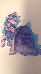 Size: 1152x2048 | Tagged: safe, artist:megschips, izzy moonbow, pony, unicorn, g5, clothes, dress, gala dress, jewelry, necklace, solo, traditional art