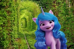Size: 715x474 | Tagged: safe, edit, izzy moonbow, pony, unicorn, g5, irl, photo, ponies in real life, solo, tunnel, tunnel of love (ukraine), ukraine