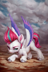 Size: 720x1080 | Tagged: safe, artist:assasinmonkey, zipp storm, pegasus, pony, g5, cloud, cloven hooves, colored wings, dark clouds, female, landing, lidded eyes, mare, multicolored wings, signature, solo, spread wings, unshorn fetlocks, wings