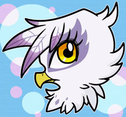 Size: 400x374 | Tagged: safe, artist:sechst_himmel, gilda, griffon, g4, animated, blinking, blue background, bust, circle background, female, gif, looking at you, profile, simple background, solo