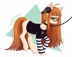 Size: 1900x1530 | Tagged: safe, artist:lomilykohi, earth pony, pony, blushing, choker, clothes, female, futaba sakura, glasses, headphones, looking at you, one leg raised, persona 5, ponified, shirt, side view, solo, t-shirt