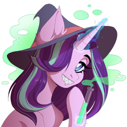 Size: 2000x2000 | Tagged: safe, artist:lomilykohi, starlight glimmer, pony, unicorn, collaboration:choose your starlight, g4, collaboration, ear fluff, eyebrows, female, glowing, glowing horn, grin, hair over one eye, hat, high res, horn, looking at you, magic, magic aura, mare, potion, sharp teeth, simple background, smiling, smiling at you, solo, teeth, telekinesis, test tube, transparent background, witch hat