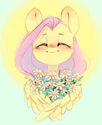 Size: 855x1048 | Tagged: safe, artist:melodylibris, fluttershy, pegasus, pony, g4, blushing, bust, cute, daaaaaaaaaaaw, eyes closed, female, flower, full face view, happy, mare, shyabetes, smiling, solo, stray strand, wing hands, wings