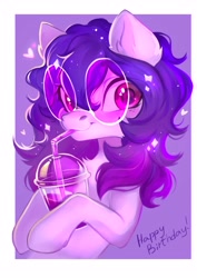 Size: 2894x4093 | Tagged: safe, artist:sofiko-ko, oc, oc only, oc:share dast, earth pony, pony, bendy straw, chest fluff, cup, drinking, drinking straw, female, freckles, gift art, glasses, happy birthday, looking at you, mare, smiling, smiling at you, sunglasses