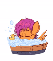 Size: 1658x1916 | Tagged: safe, artist:fanzeem, scootaloo, pegasus, pony, g4, bathing, bubble, bubble bath, cute, cutealoo, eyes closed, female, filly, foal, morning ponies, rubber duck, simple background, solo, spread wings, tired, white background, wings