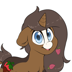 Size: 2414x2413 | Tagged: safe, artist:fluffyxai, oc, oc only, oc:strawberry cocoa (the coco clan), monster pony, pony, unicorn, blaze (coat marking), blue eyes, brown coat, brown tail, coat markings, commission, cute, eyes open, facial markings, female to male, floppy ears, food, high res, horn, long mane male, looking at you, male, no eyelashes, ocbetes, pony oc, rule 63, simple background, smiling, solo, stallion, strawberry, tail, two toned coat, unicorn oc, white background, ych result
