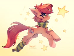 Size: 3858x2916 | Tagged: safe, artist:share dast, oc, oc only, oc:rusty gears, earth pony, pony, chest fluff, clothes, female, freckles, high res, mare, scarf, smiling, socks, solo, stars, striped scarf, striped socks