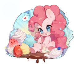 Size: 1143x945 | Tagged: safe, artist:sunnyduck233, pinkie pie, earth pony, pony, g4, :p, belly button, blueberry, chocolate, crumbs, cupcake, cute, diapinkes, female, filly, filly pinkie pie, foal, food, frosting, heart, herbivore, ice cream, solo, strategically covered, strawberry, tongue out, whipped cream, wrapper, younger