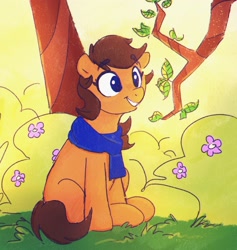 Size: 1942x2048 | Tagged: safe, artist:thefloatingtree, oc, oc only, earth pony, pony, bush, clothes, female, flower, grass, mare, scarf, scenery, sitting, smiling, solo, tree