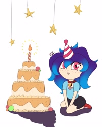 Size: 2000x2500 | Tagged: safe, artist:draconightmarenight, oc, oc:anykoe, human, bell, birthday, birthday cake, birthday candles, cake, chibi, clothes, collar, colored sketch, decoration, food, hat, high res, humanized, lolita fashion, monthly reward, party, party hat, skirt, solo, stars, uwu