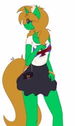 Size: 1500x2500 | Tagged: safe, artist:draconightmarenight, oc, oc only, oc:nicole sunstone, anthro, accessory, bag, clothes, colored sketch, handbag, monthly reward, simple background, skirt, solo, sunglasses, white background